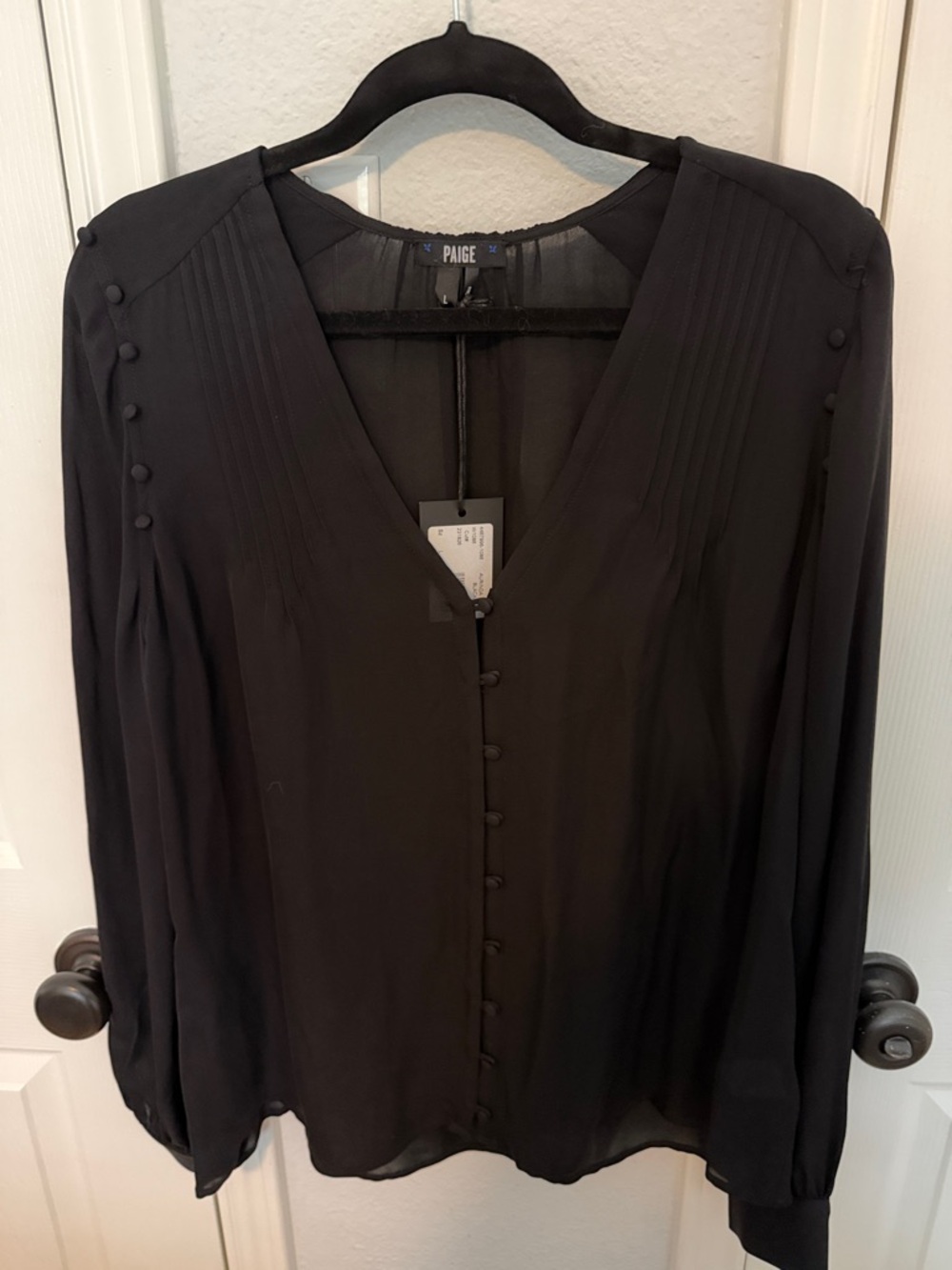 PAIGE Black Pintuck V-Neck Button Down Blouse